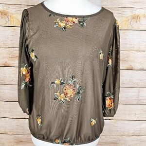 Fig & Flower Lined Mesh Embroidered Top Shirt Size Large